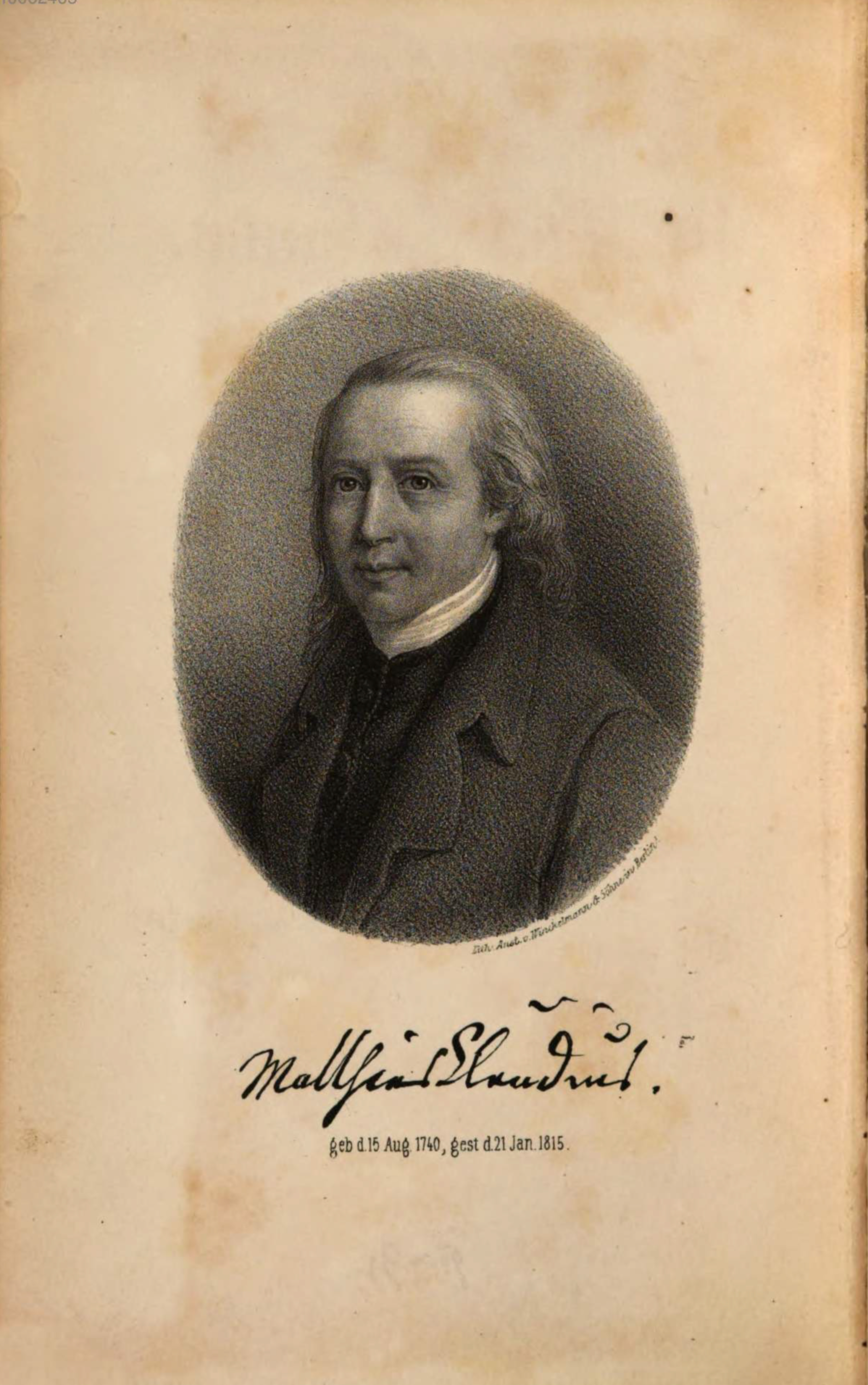 Matthias Claudius. – Abgebildet in Wilhelm Herbst, , Gotha 1857; Exemplar: Bayerische Staatsbibliothek, München, Signatur: Biogr. 246 b.