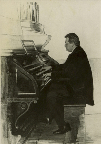 Reger an der Walcker-Orgel im Konzertsaal des , Fotografie Ernst Hoenisch, Leipzig (ursprüngliche Aufnahme von 1908, Retusche von 1911), Fotoabzug im Max-Reger-Institut, Karlsruhe.