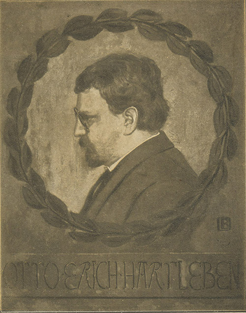 Otto Erich Hartleben, Porträt nach Original von Peter Behrens. – Abgebildet in Otto Erich Hartleben, , Bd. 1: , Berlin 1909; Exemplar im Max-Reger-Institut, Karlsruhe.