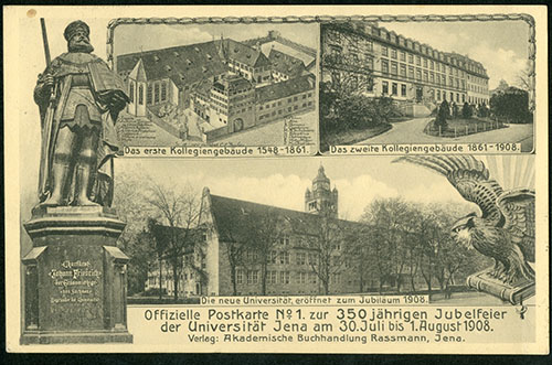 Offizielle Postkarte zur 350 jährigen Jubelfeier der Universität Jena: Das erste Kollegiengebäude 1548–1861. Das zweite Kollegiengebäude 1861–1908. Die neue Universität, eröffnet zum Jubiläum 1908; versendet von Max Reger am 30. Juli 1908 an Martha Ruben, Max-Reger-Institut, Karlsruhe, Signatur: Ep. Ms. 352.