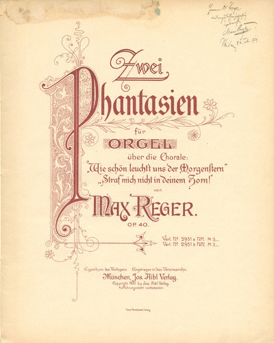 
                             , Erstdruck (Jos. Aibl, 1900), Titelblatt mit eigenhändiger Widmung Regers an Theodor Kroyer (»Herrn Dr Kroyer | mit vorzüglicher Hochachtung | ergebenst | Max Reger. | Weiden, 27. Febr. 1901«), Max-Reger-Institut, Karlsruhe, Signatur: Mus. DE. 07.