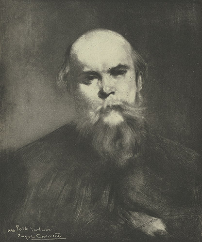 Paul Verlaine, Ölgemälde von Eugène Carrière (1891), Original im
                            Musee d’Orsay, Paris; Reproduktion von Lemercié abgebildet in Paul
                            Verlaine, , 9. Aufl., Paris 1896. –
                            Exemplar Badische Landesbibliothek Karlsruhe, Signatur: Mo 1377;
                            Abbildung mit freundlicher Genehmigung.